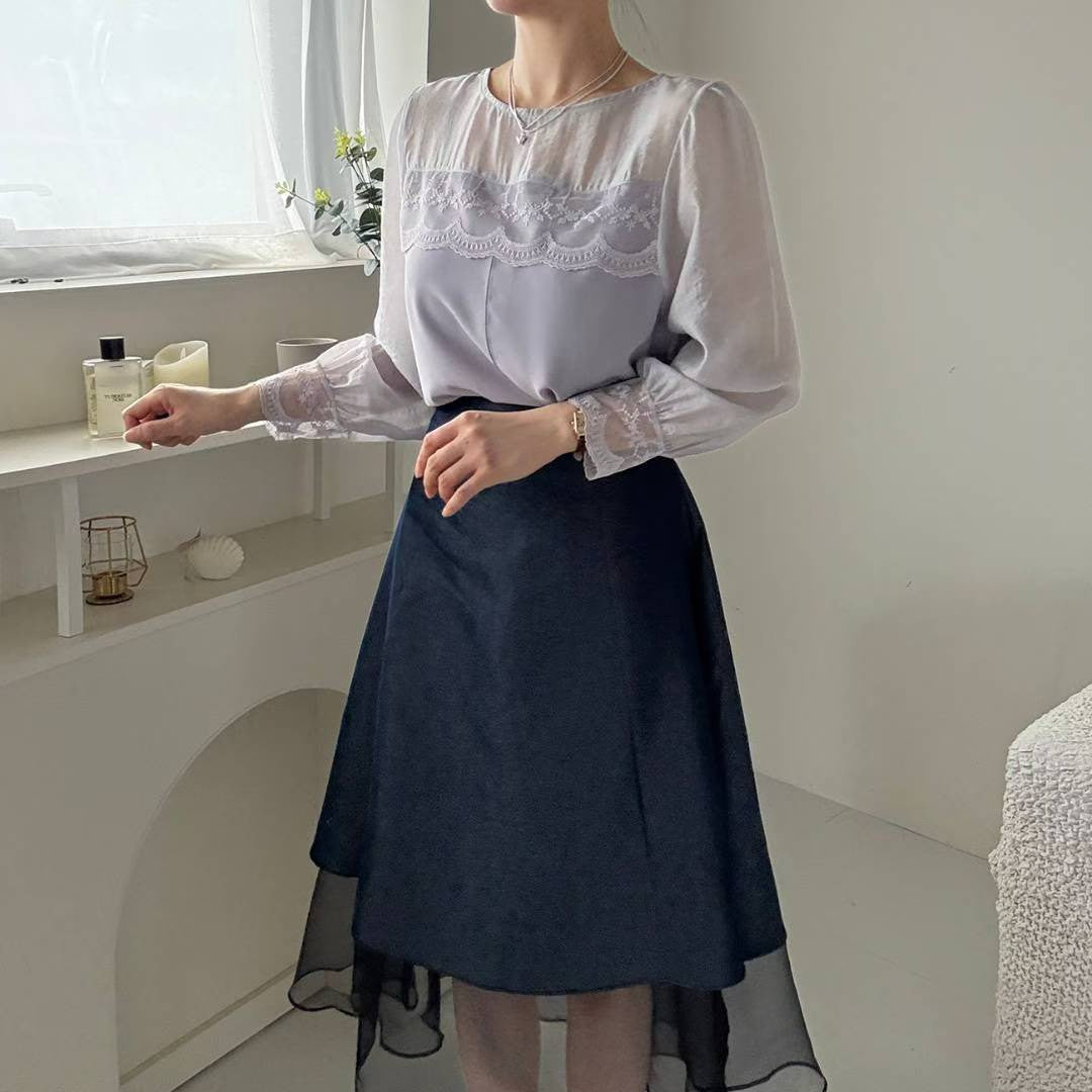 10B108 前襟異材質蕾絲雪紡上衣