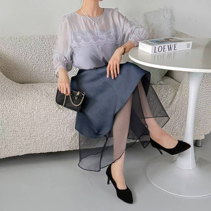 10B108 前襟異材質蕾絲雪紡上衣