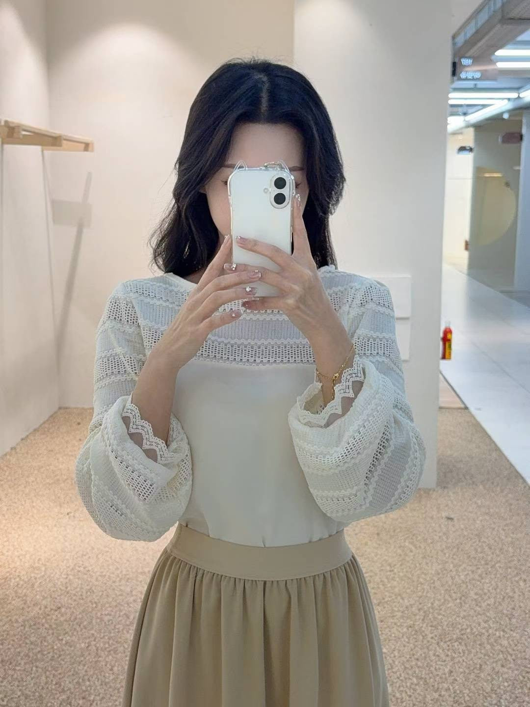 10B109 前襟橫條蕾絲雪紡上衣