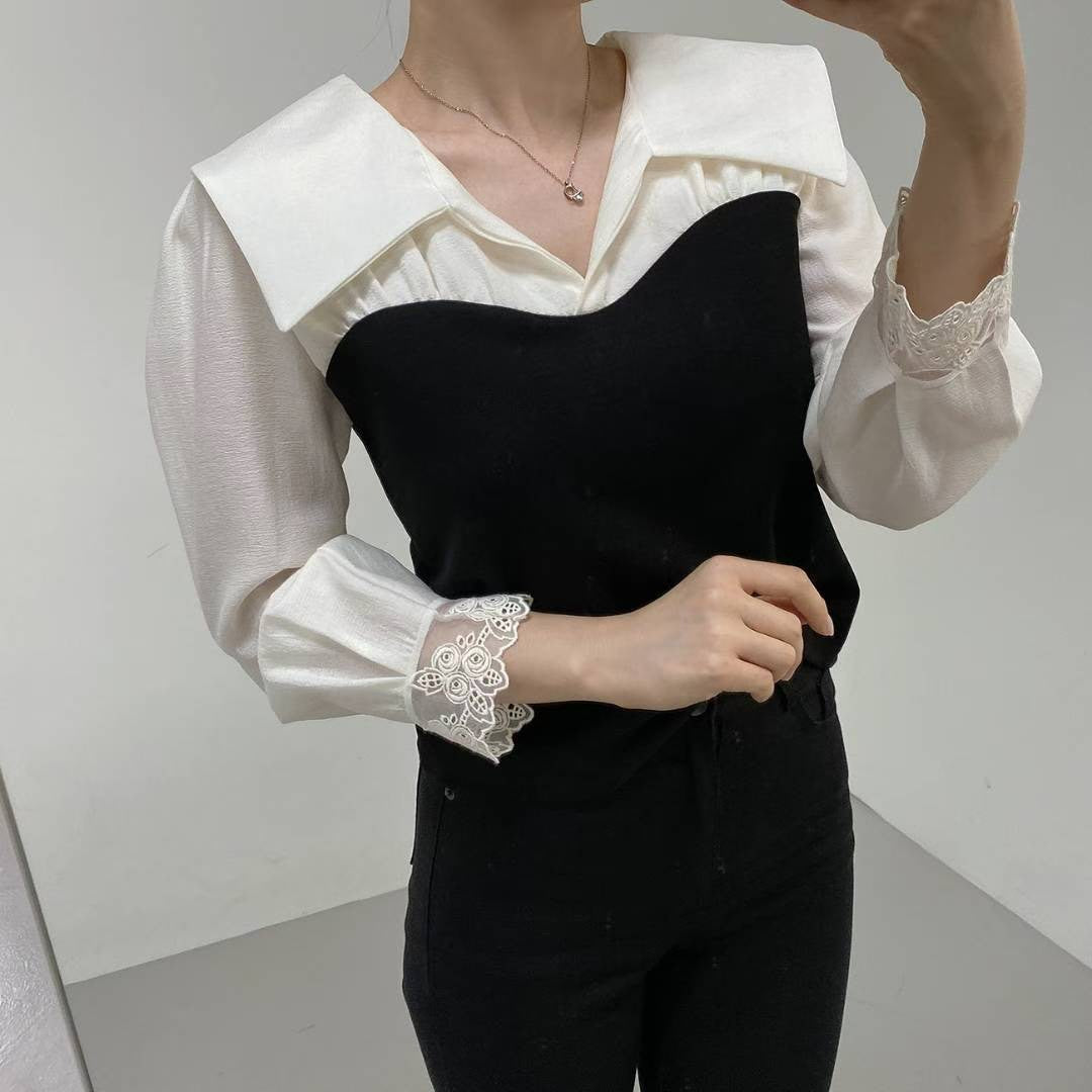 10B110 假兩件翻領拼接上衣