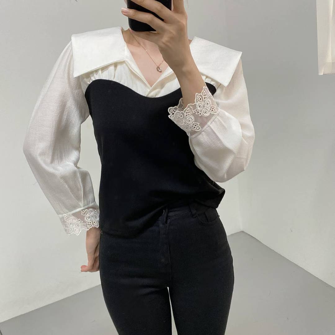 10B110 假兩件翻領拼接上衣