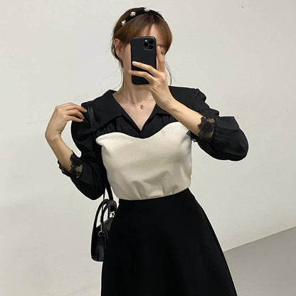 10B110 假兩件翻領拼接上衣