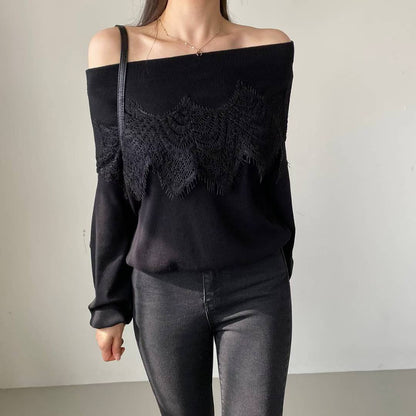 10B101 大蕾絲一字領針織衫