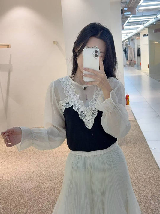 10B113 前襟V領蕾絲拚袖雪紡上衣