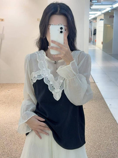 10B113 前襟V領蕾絲拚袖雪紡上衣