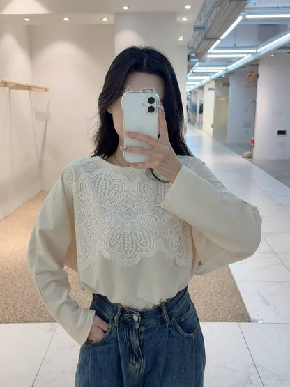 10B114 前襟大片蕾絲彈性棉上衣