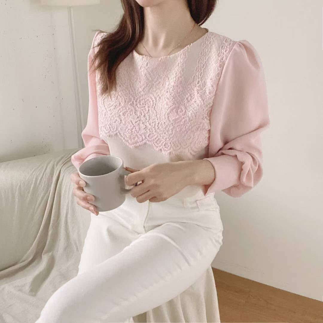 10B116 拚色蕾絲上衣