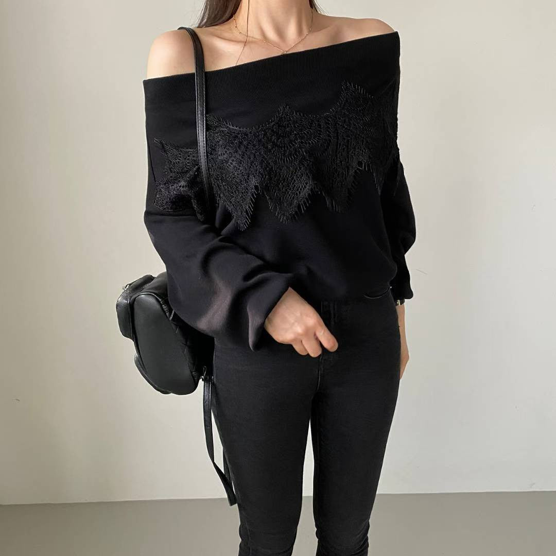 10B101 大蕾絲一字領針織衫