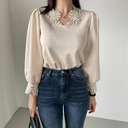 10B118 花瓣蕾絲領花苞袖雪紡上衣