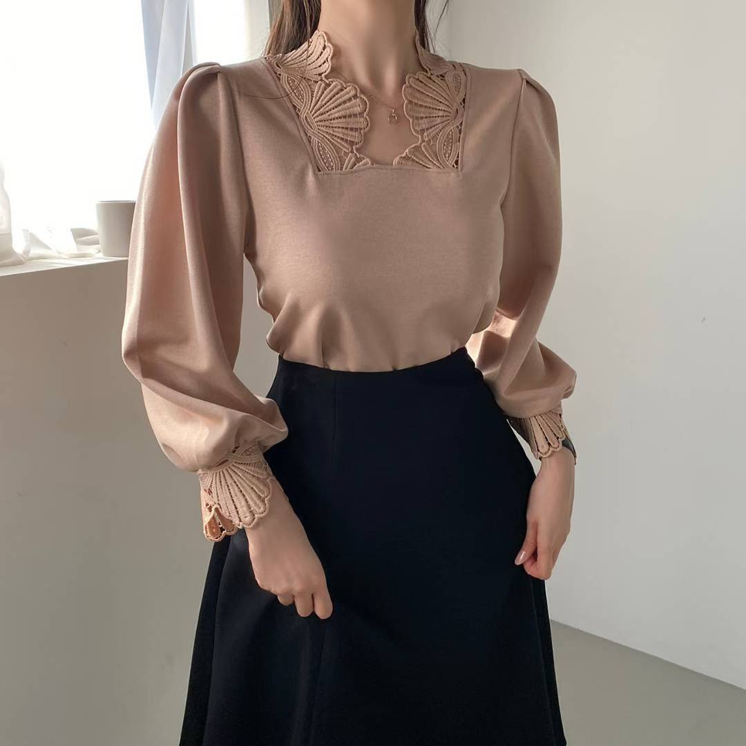 10B118 花瓣蕾絲領花苞袖雪紡上衣