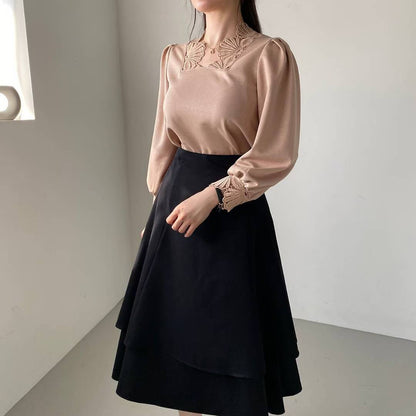 10B118 花瓣蕾絲領花苞袖雪紡上衣