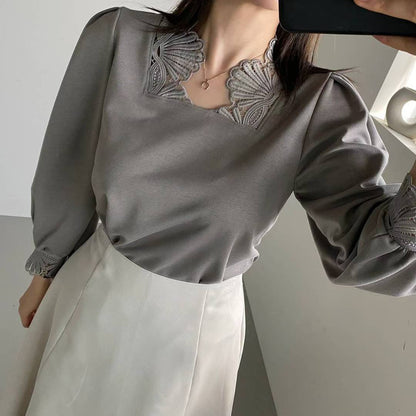 10B118 花瓣蕾絲領花苞袖雪紡上衣