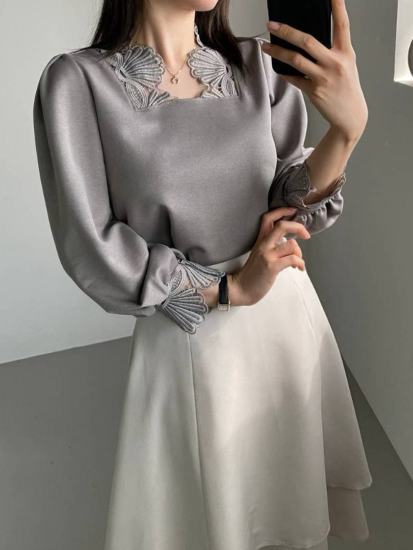 10B118 花瓣蕾絲領花苞袖雪紡上衣