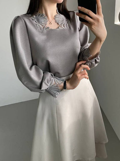 10B118 花瓣蕾絲領花苞袖雪紡上衣