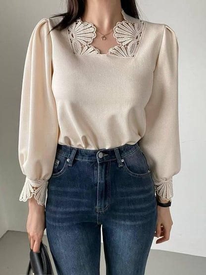 10B118 花瓣蕾絲領花苞袖雪紡上衣