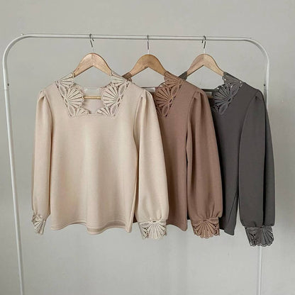 10B118 花瓣蕾絲領花苞袖雪紡上衣