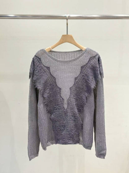 10B115 大V蕾絲圓領針織衫