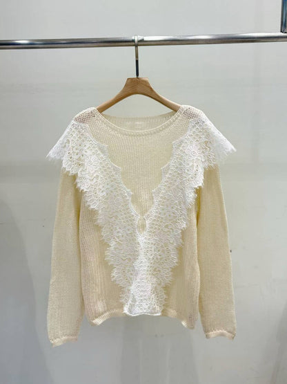 10B115 大V蕾絲圓領針織衫