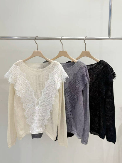 10B115 大V蕾絲圓領針織衫