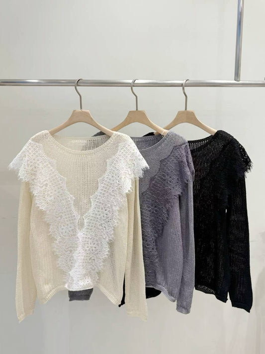 10B115 大V蕾絲圓領針織衫