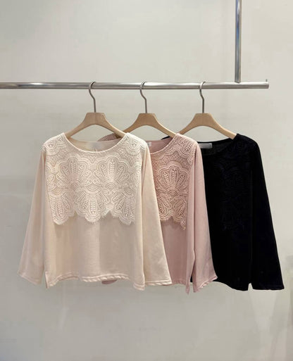 10B114 前襟大片蕾絲彈性棉上衣