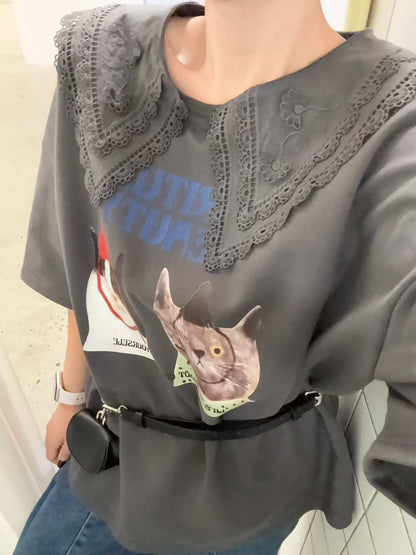 10B201 蕾絲領貓咪後簍空短袖T