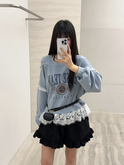 10B202 下擺蕾絲肩挖空薄棉上衣