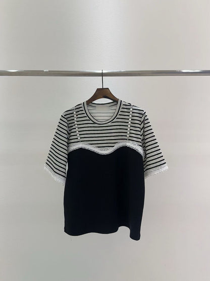 10B215 橫條珍珠肩帶異材質馬甲上衣