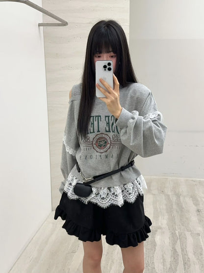 10B202 下擺蕾絲肩挖空薄棉上衣