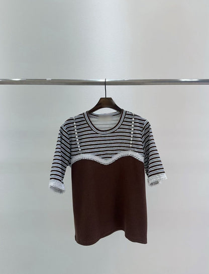 10B215 橫條珍珠肩帶異材質馬甲上衣