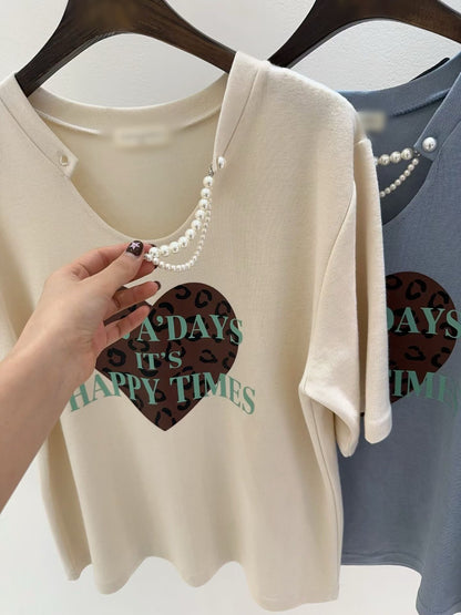 10B214 珍珠鍊領愛心厚棉短T