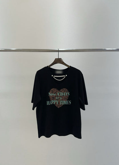 10B214 珍珠鍊領愛心厚棉短T