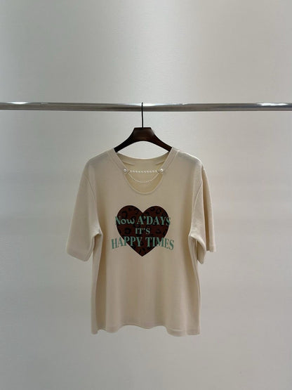 10B214 珍珠鍊領愛心厚棉短T