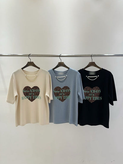 10B214 珍珠鍊領愛心厚棉短T