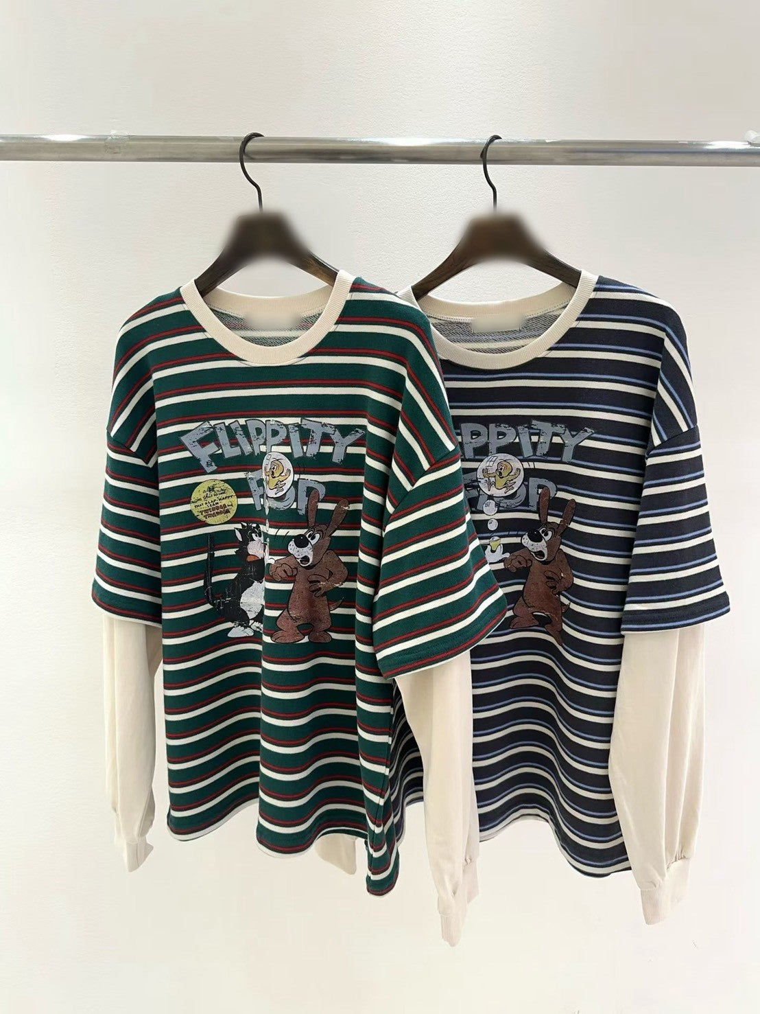 10B213 橫條短T假兩件上衣