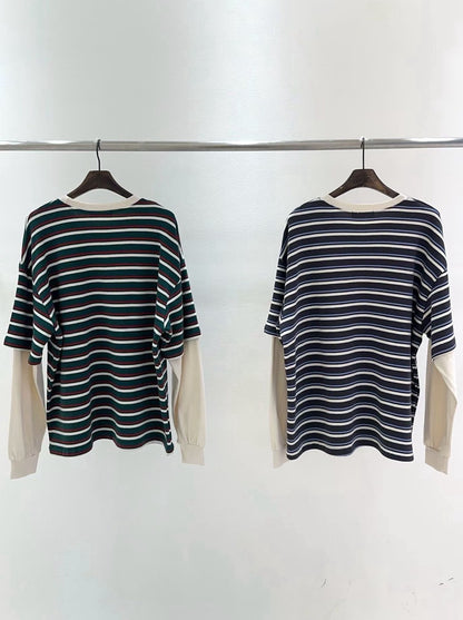 10B213 橫條短T假兩件上衣
