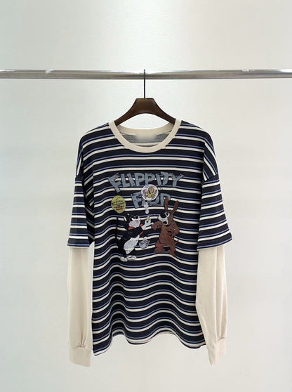 10B213 橫條短T假兩件上衣