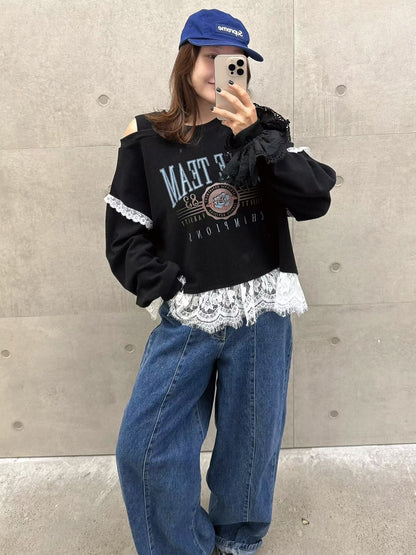 10B202 下擺蕾絲肩挖空薄棉上衣