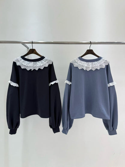 10B208 V領白色布蕾絲衛衣