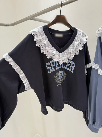 10B208 V領白色布蕾絲衛衣