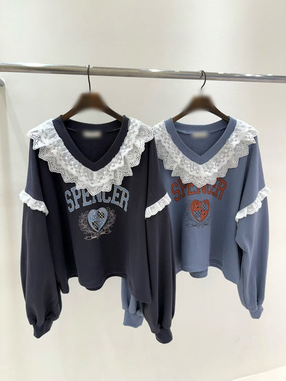 10B208 V領白色布蕾絲衛衣