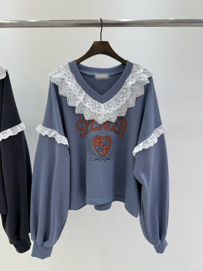 10B208 V領白色布蕾絲衛衣