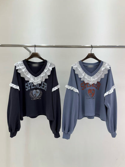 10B208 V領白色布蕾絲衛衣