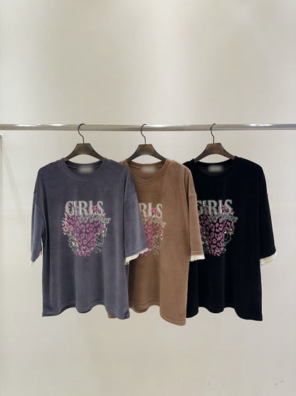 10B207 GIRLS粉紅豹紋絨面短袖上衣