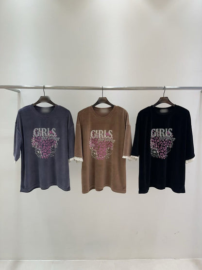 10B207 GIRLS粉紅豹紋絨面短袖上衣