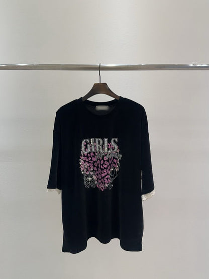 10B207 GIRLS粉紅豹紋絨面短袖上衣