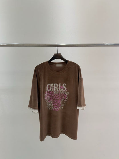 10B207 GIRLS粉紅豹紋絨面短袖上衣