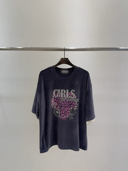 10B207 GIRLS粉紅豹紋絨面短袖上衣