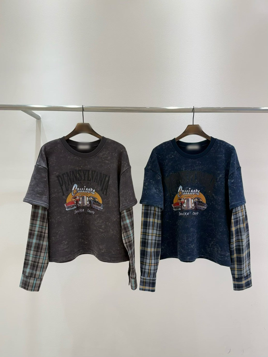 10B203 格紋袖水洗色假兩件上衣