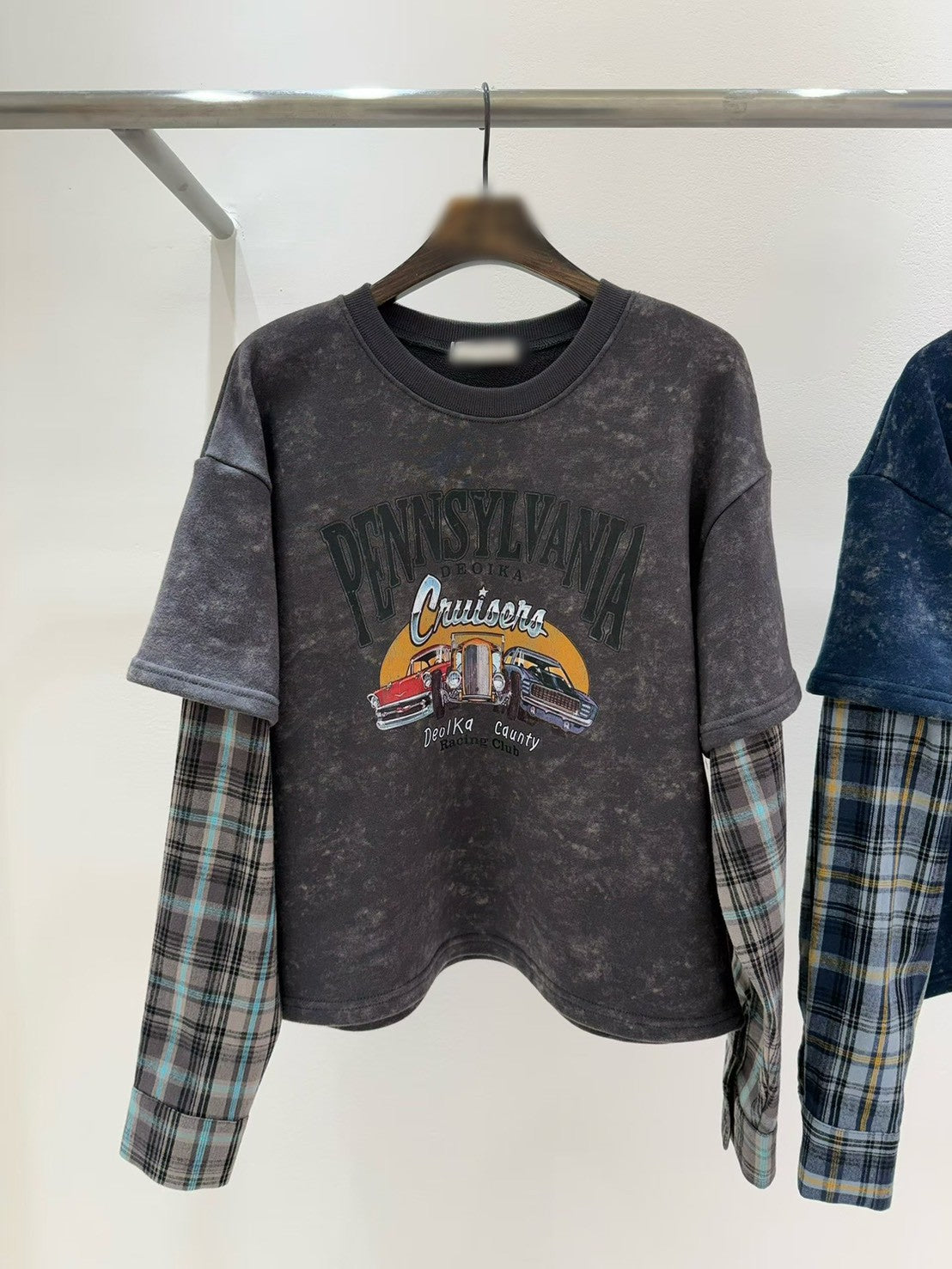 10B203 格紋袖水洗色假兩件上衣